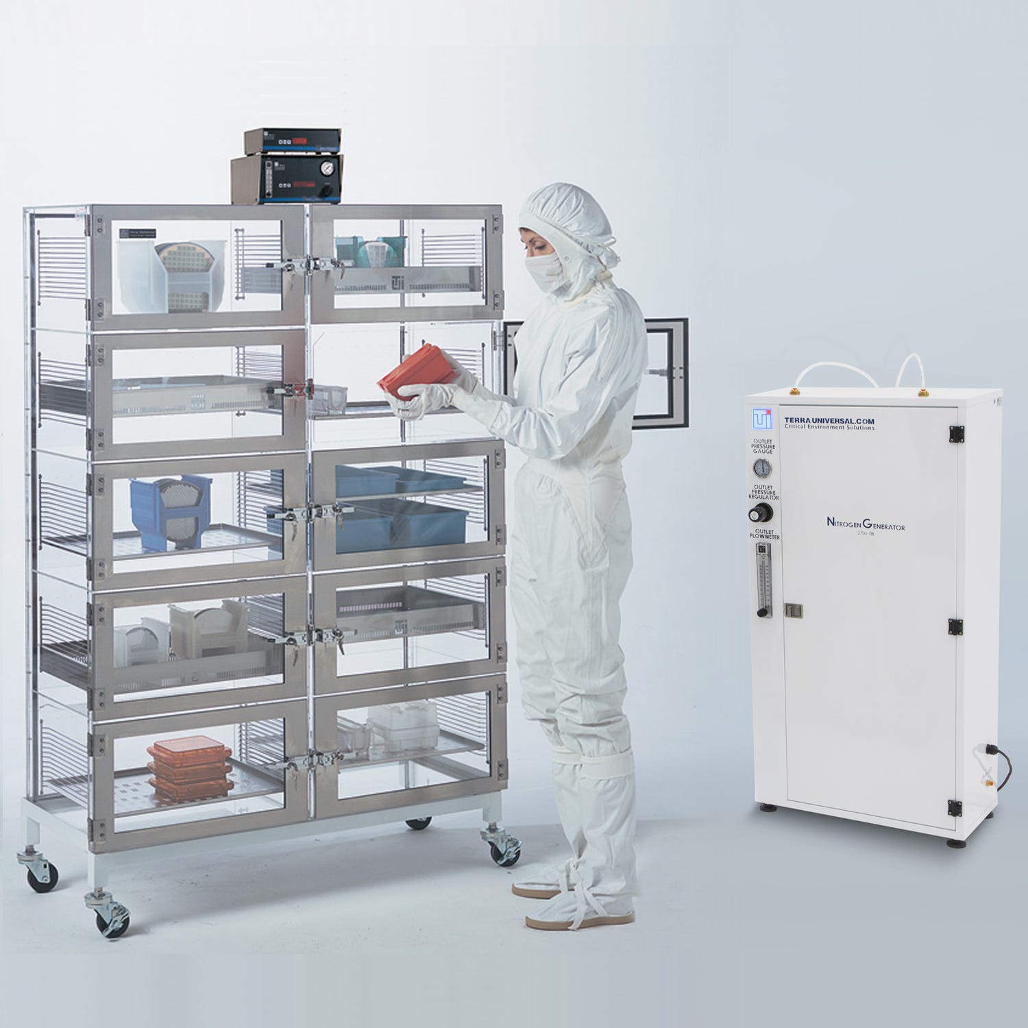 Adjust-a-shelf desiccator cabinet with nitrogen generator and model