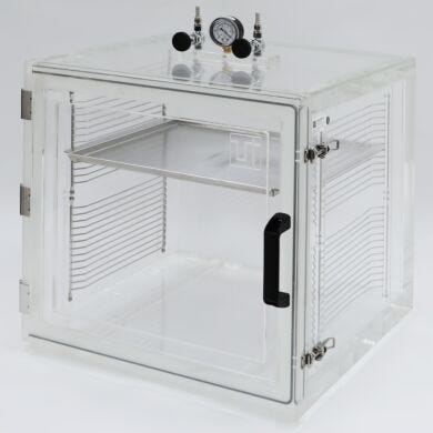 Clear acrylic vacuum desiccator cabinet with front swing door, 2 adjustable shelf racks, vacuum gauge and needle valves  |  5235-83 displayed