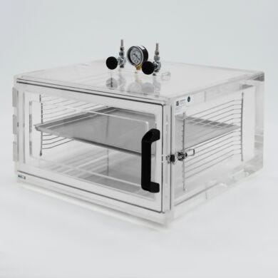 Clear acrylic vacuum desiccator cabinet with front swing door, shelving, vacuum gauge and needle valves  |  5235-81 displayed