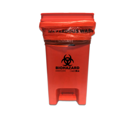 13-Gallon Biohazard Bin by MTC Bio with a touchless operated lid for quick disposal of hazardous waste compatible with BowTie Biohazard Bag; A8000B  |  5705-95 displayed