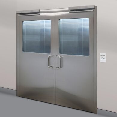 Stainless steel double doors with automatic door openers and partial view flush mount windows  |  1999-94 displayed