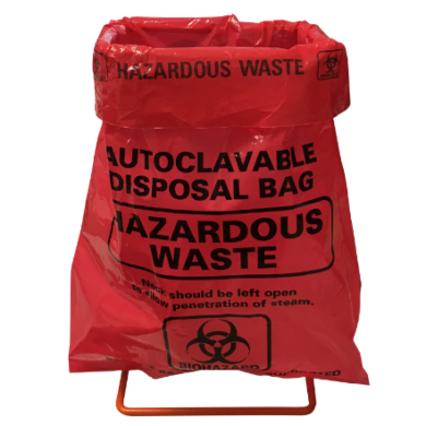 Economical Benchtop Disposal Set includes a metal stand and 400 Red Autoclave Biohazard Bags by MTC Bio, A9004-SK