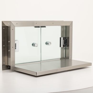 Double swing window pass-through mounted in a stainless steel frame  |  1702-74A displayed