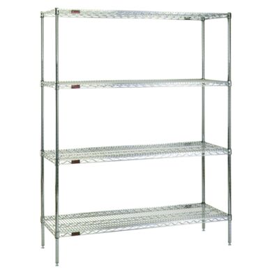 Complete 4-shelf system by Eagle Group with adjustable open-wire shelves is available in low cost chrome-plated steel or corrosion resistant stainless steel