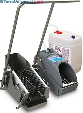 Compact, foot-operated system with boot scrubber and stability handle  |  5608-00-BS displayed