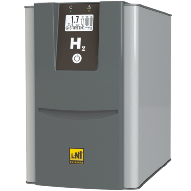 HG Basic PEM Hydrogen Generators by LNI Swissgas with up to 300 cc/min flowrate, 10 bar (145 psi), a 3L tank, and an electrolytic cell with a polymeric membrane  |  7200-PP-02 displayed