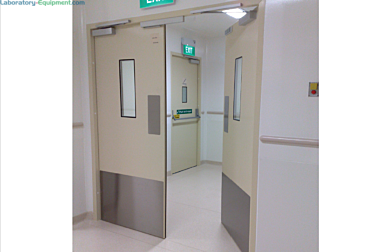 Manual or automatic Hygienic Hinged FRP Medical Fire-Rated Doors by Dortek meet FDA and cGMP requirements, and conforms to fire standards of American UL10C - F3  |  6712-04 displayed