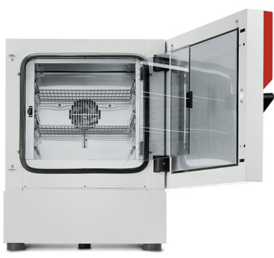 Stainless steel inner chamber of KB 53 Refrigerated Incubator includes two stainless steel racks, tempered glass inner door and a disinfection routine at +100 °  |  2828-38 displayed