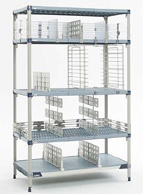 MetroMax Q Shelving Systems with open grid shelves and epoxy coated steel posts provide antimicrobial product protection