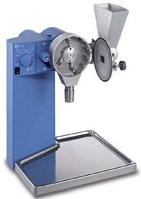 Modular IKA MF 10 basic Microfine grinder drive shown with optional MF 10.2 Impact grinding head  |  6927-00 displayed