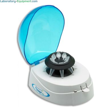 myFuge Mini lab centrifuge from Benchmark Scientific with transparent blue lid  |  2812-05 displayed