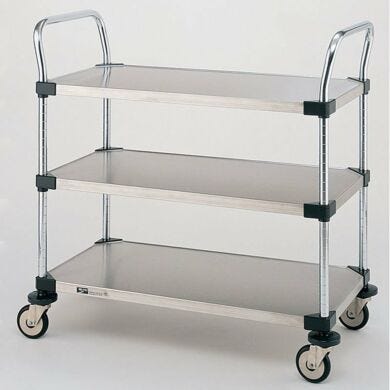 Stainless steel and Chrome Plated Utility Carts by InterMetro includes three solid steel shelves, handles and four casters  |  1401-45 displayed