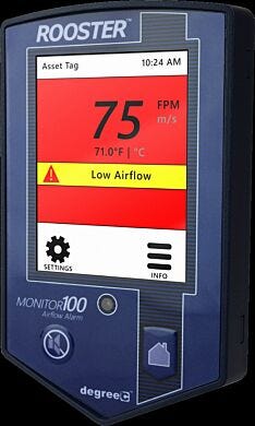 Color touchscreen display of the Rooster Monitor100 showing airflow measurement, temperature, and low airflow alarm  |  6704-65A displayed