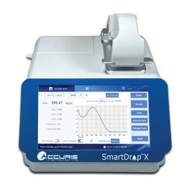 SmartDrop Nano X Spectrophotometer for 0.5 to 2.0 µl samples features a CCD detector, 2 path lengths and Xenon Lamp; detects up to 4,500 ng/µl of dsDNA without   |  1017-51 displayed