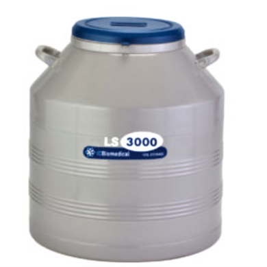 TW LS3000 Cryogenic Refrigerator has an 81L liquid or vapor LN2 capacity and an aluminum body with magniformed necktube; stores 3000 2ml vials  |  6900-10 displayed