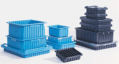 Stackable tote boxes available in conductive or dissipative polymer, with opitonal lids and inlay dividers  |  6000-12 displayed