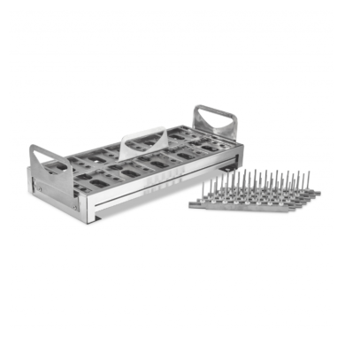 Labconco 304 stainless steel 15 x 45 mm Vial Insert #4574500 holds 48 vials and includes retainer lid with handle, support holder and six spindle arms  |  6927-55 displayed